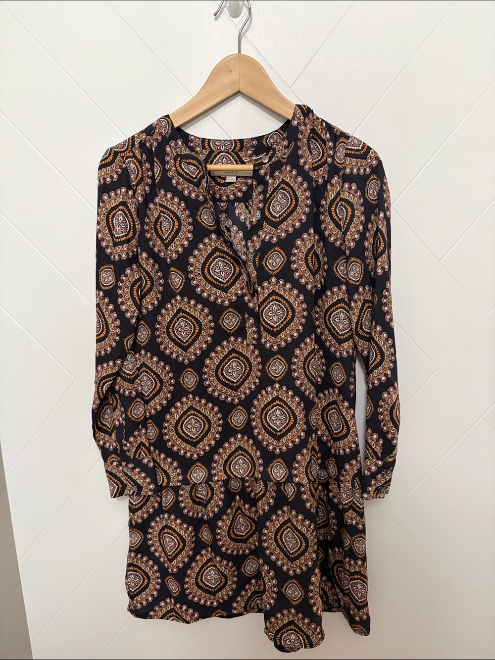 LOFT Navy Paisley-Print Long Sleeve Mini Dress